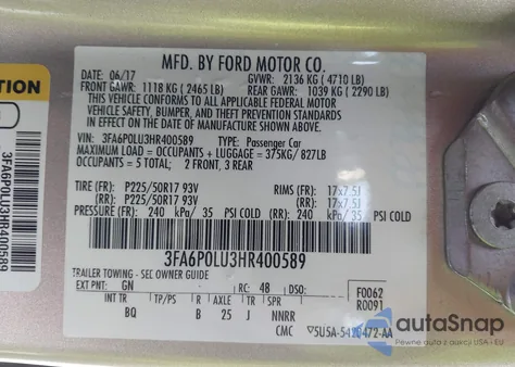 2017 Ford Fusion Hybrid Se z USA, uszkodzony, nr VIN 3FA6P0LU3HR400589